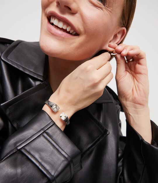 Cuff bracelet with white crystal, Silver, large